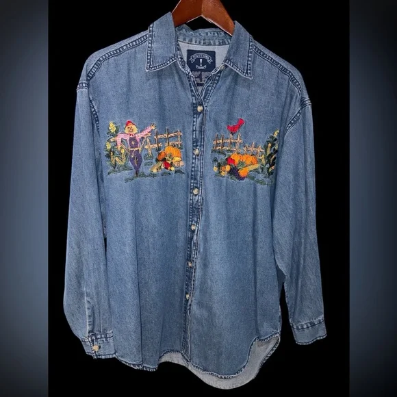 Vintage Solutions Denim Shirt Embroidered Harvest Scarecrow Pumpkin Size M - Picture 2 of 9